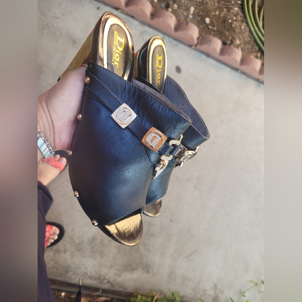 Dior Black Leather Mules with Gold Accent Heels - Picture 3 of 15
